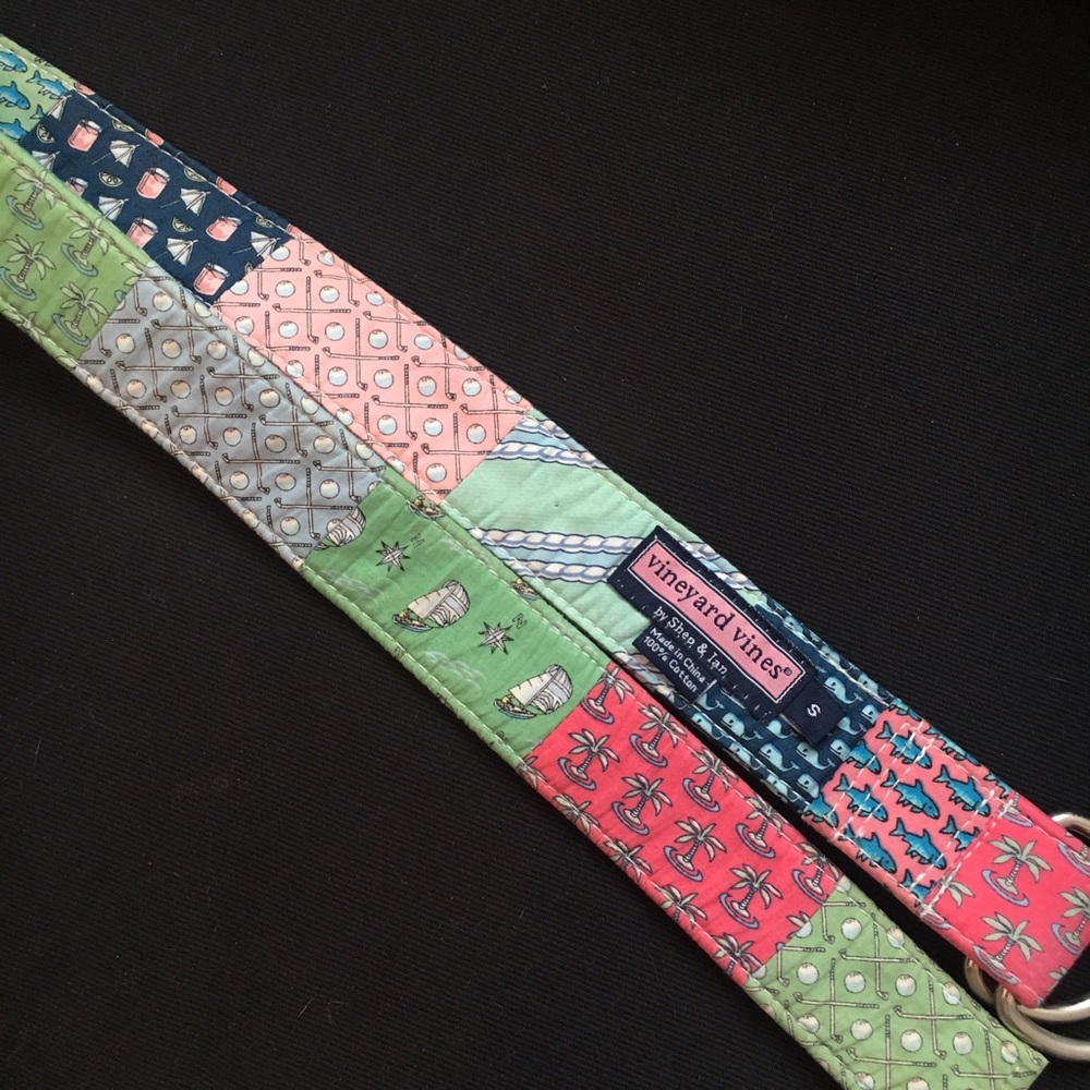 Vineyard Vines Patchwork Multicolor Cotton Belt - Pink, Green, Blue, Coral, Gray